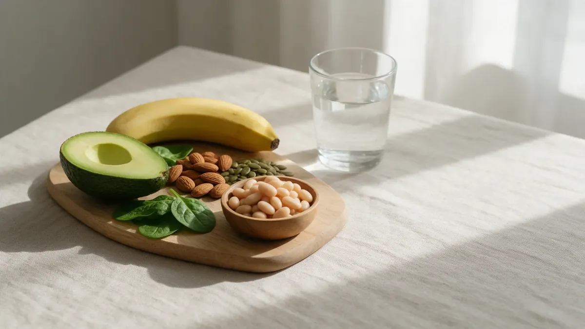 Su una tovaglia di lino un tagliere con avocado, banana, mandorle, semi di zucca, fagioli bianchi e spinaci, accanto a un bicchiere d'acqua.
